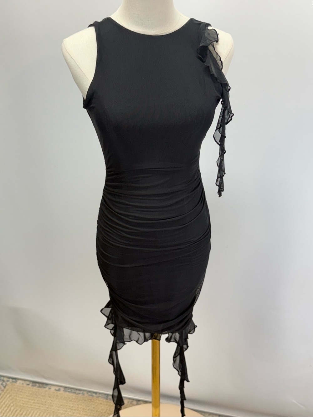 OH POLLY Black Sleeveless Ruffle-Detail Bodycon Mini Dress size 6 - Picture 9 of 15